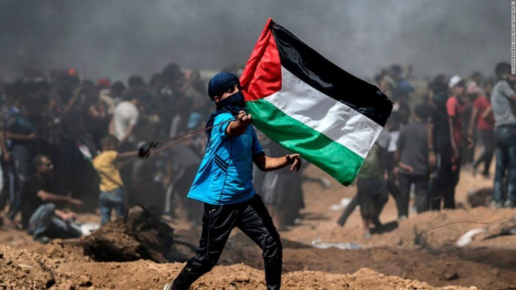 bambino palestinese sventola la bandiera della Palestina.