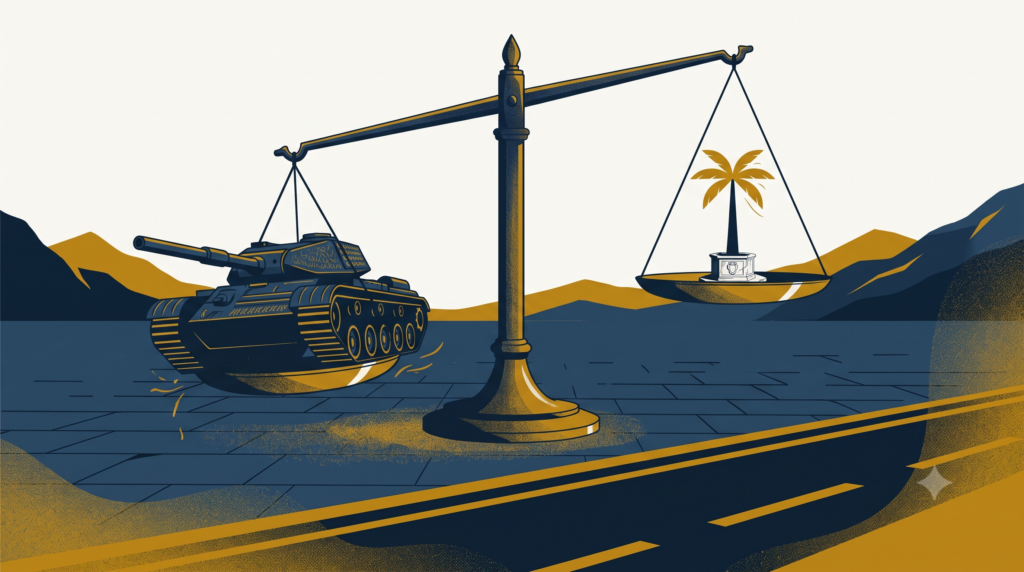 bilancia con carro armato e palma